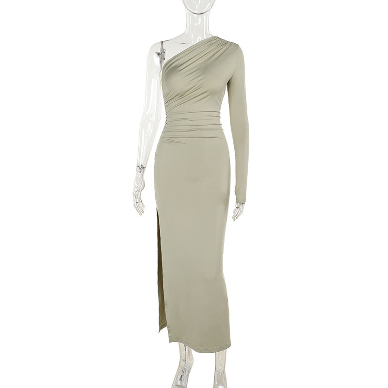 Ruched One-Shoulder Bodycon Maxi Dress with Single Long Sleeve