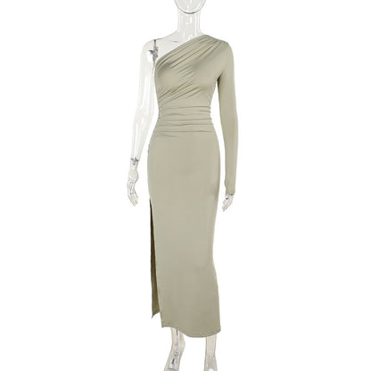 Ruched One-Shoulder Bodycon Maxi Dress with Single Long Sleeve