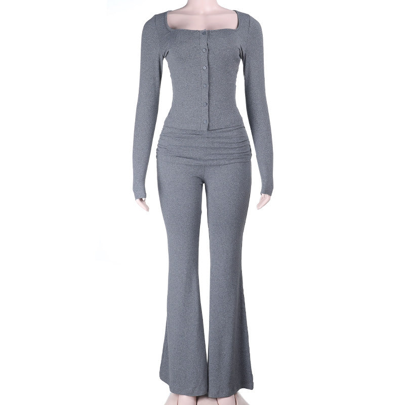 Solid Color Button-Front Long-Sleeve Top and Flared Pants Set