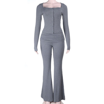Solid Color Button-Front Long-Sleeve Top and Flared Pants Set
