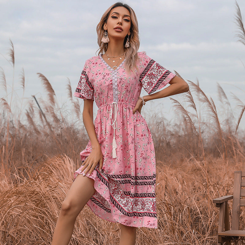 Floral A-Line Midi Dress with V-Neck and Horn Sleeves