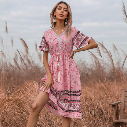 Floral A-Line Midi Dress with V-Neck and Horn Sleeves
