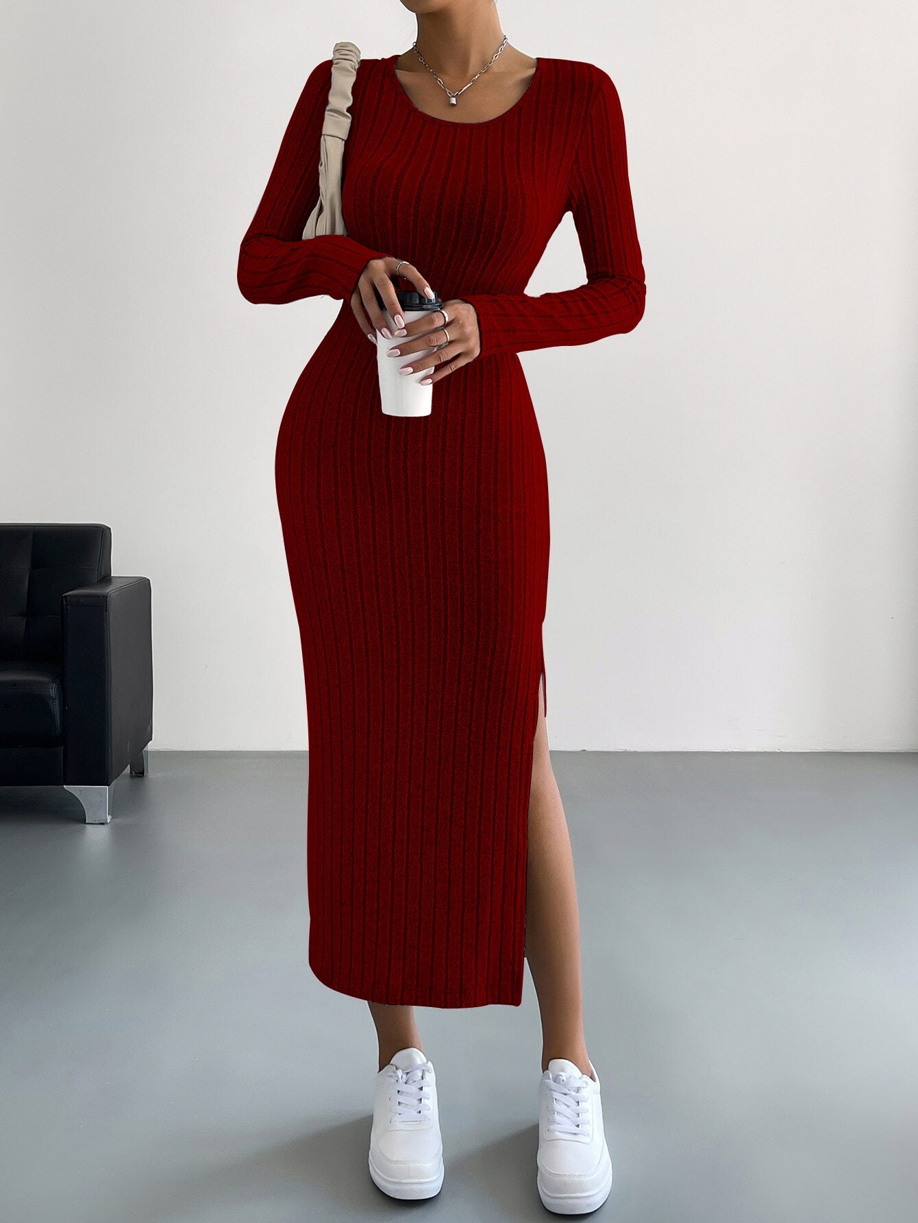 Long Sleeve Ribbed Knit Maxi Dress with Side Slit