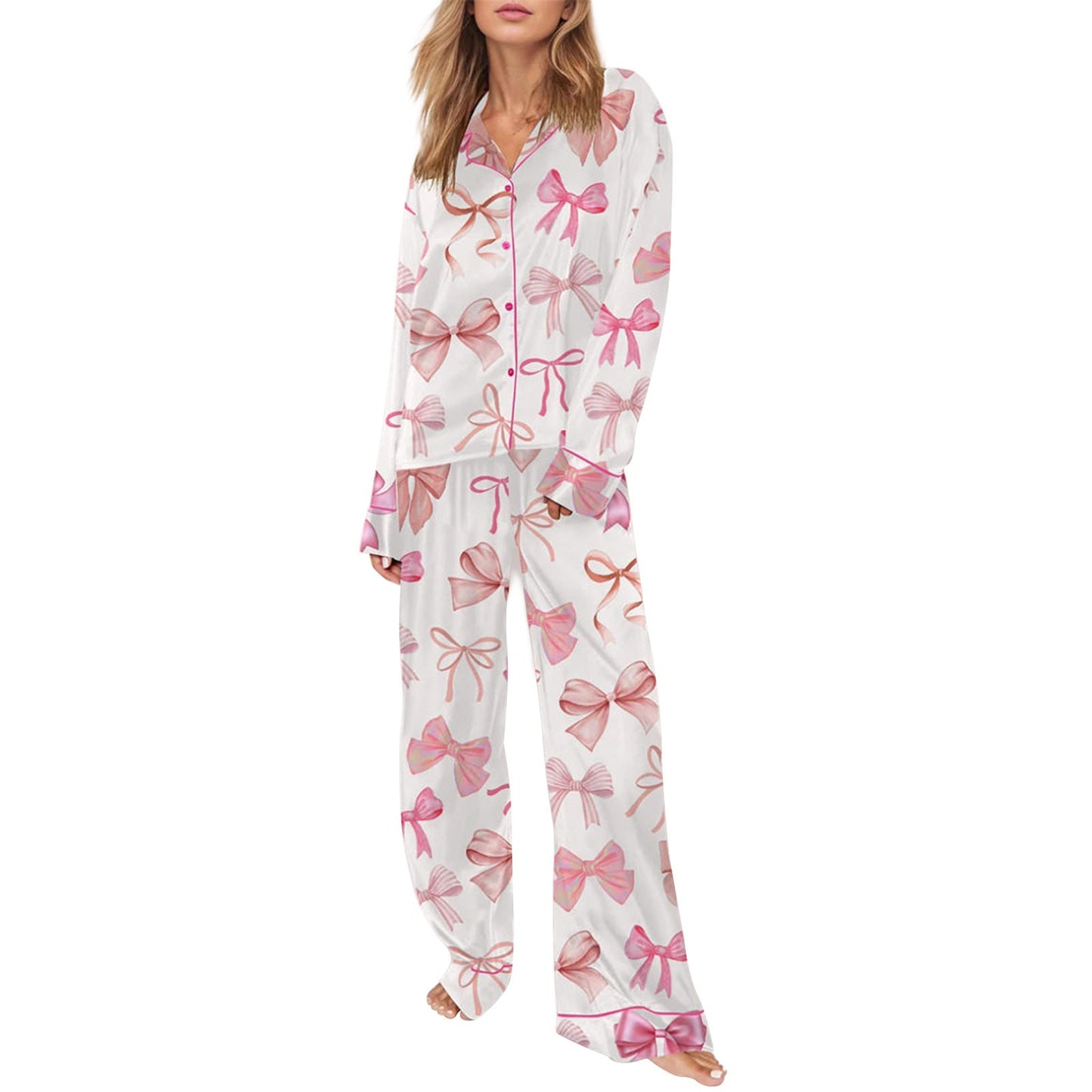 Bow Print Pajama Set with Button-Front and Long Sleeves