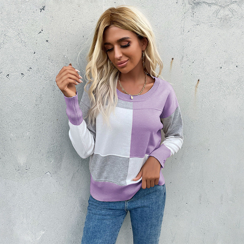 Contrast Color Patchwork Knitted Pullover with Round Neck
