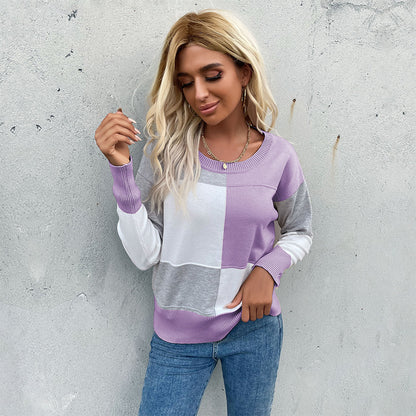 Contrast Color Patchwork Knitted Pullover with Round Neck