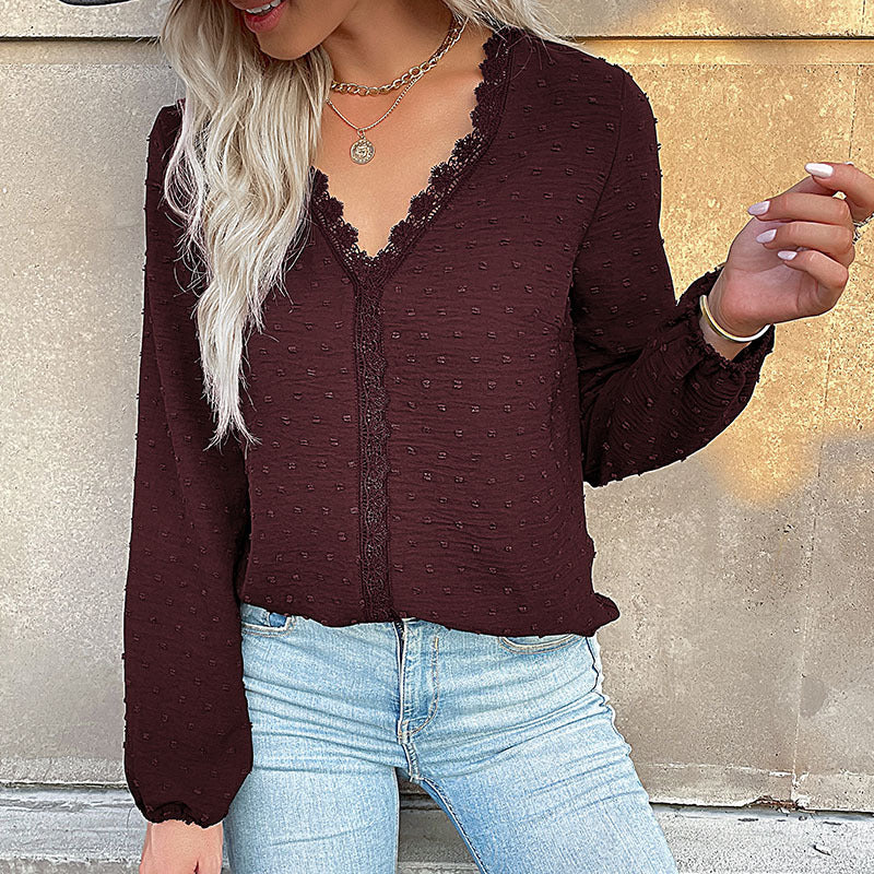 Solid Dotted Long-Sleeve Blouse with Lace Trim