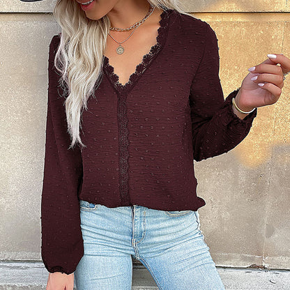 Solid Dotted Long-Sleeve Blouse with Lace Trim