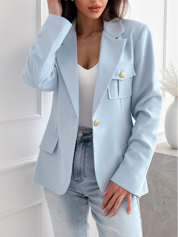 Solid Single-Breasted Blazer with Gold Buttons and Flap Pockets