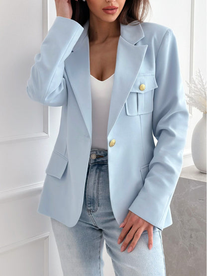 Solid Single-Breasted Blazer with Gold Buttons and Flap Pockets
