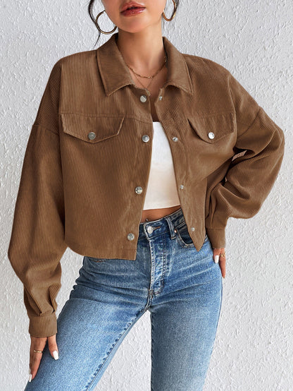 Cropped Corduroy Jacket with Button Front and Chest Pockets