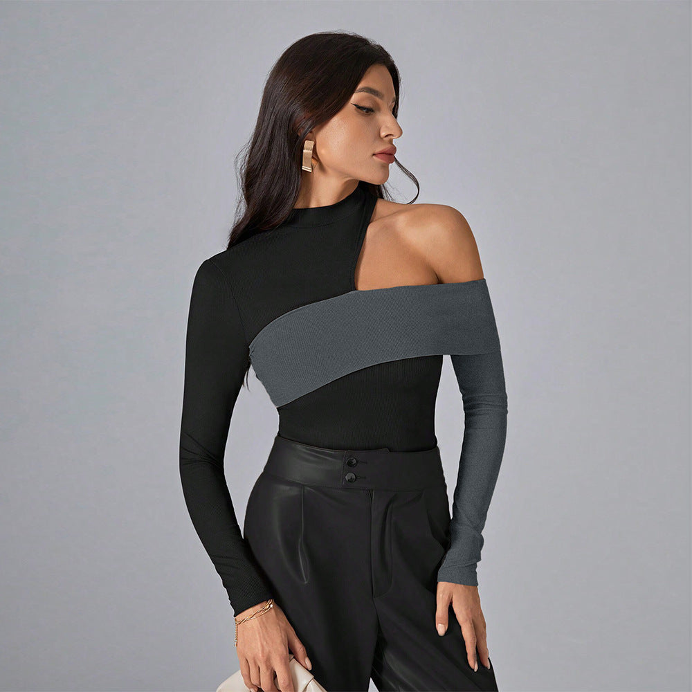 Asymmetric Two-Tone Long Sleeve Top with Shoulder Cutout