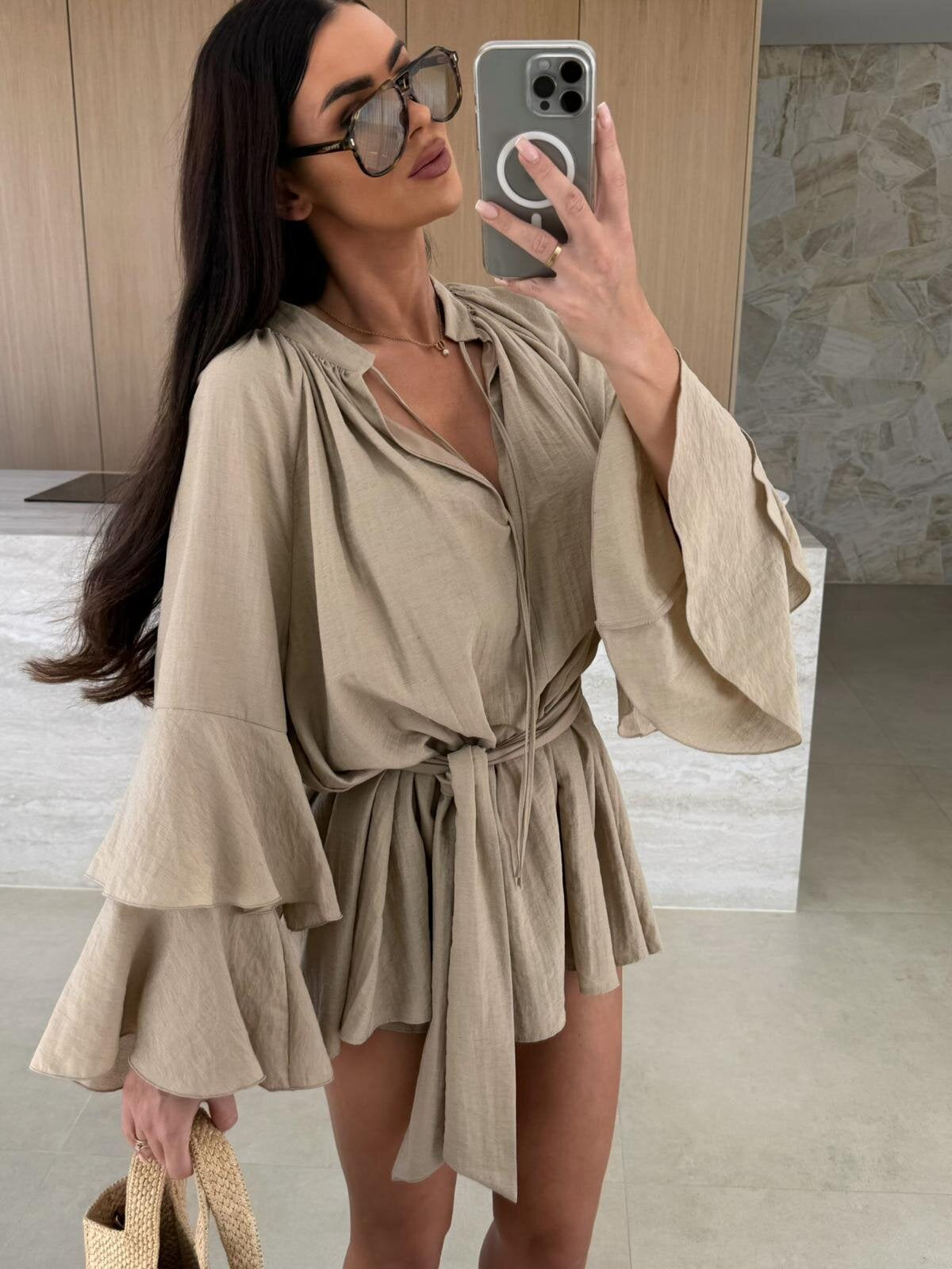Loose Mini Dress with Tiered Bell Sleeves and Tie-Waist