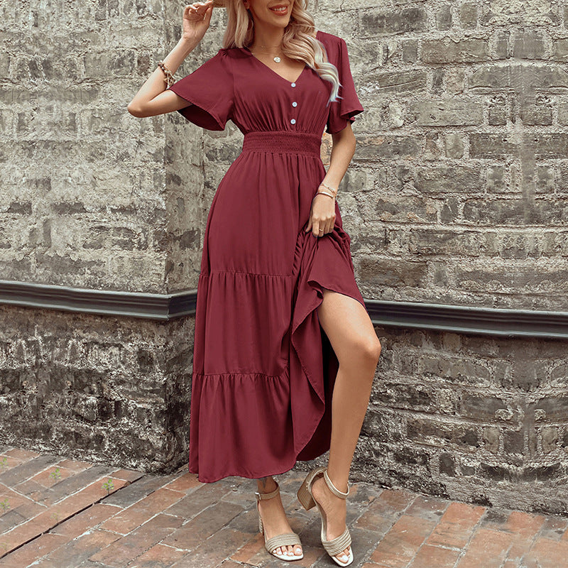 Solid A-Line Midi Dress with V-Neck, Shirred Waist, and Tiered Skirt