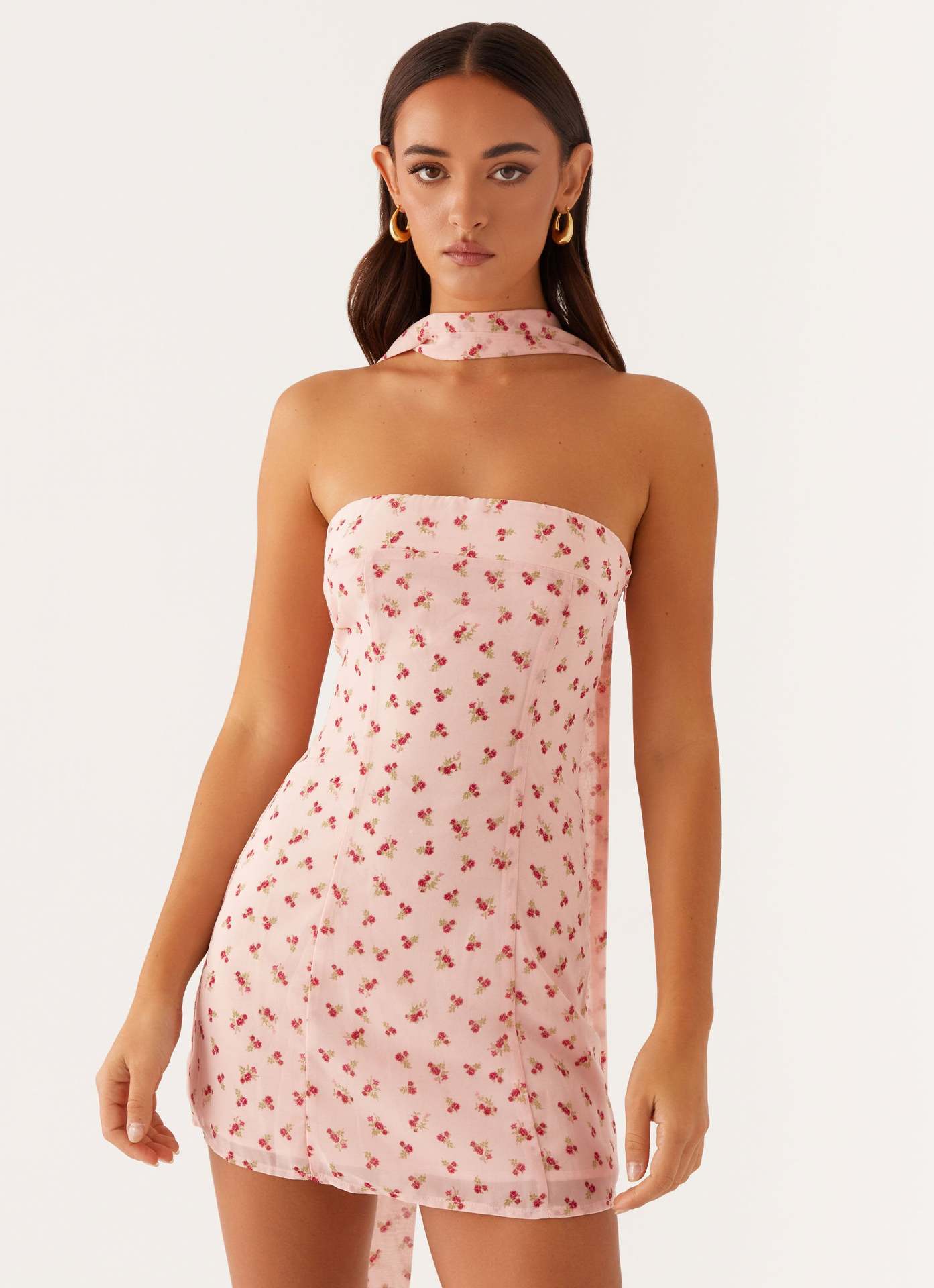Floral Chiffon A-Line Mini Dress with Choker Neck Tie