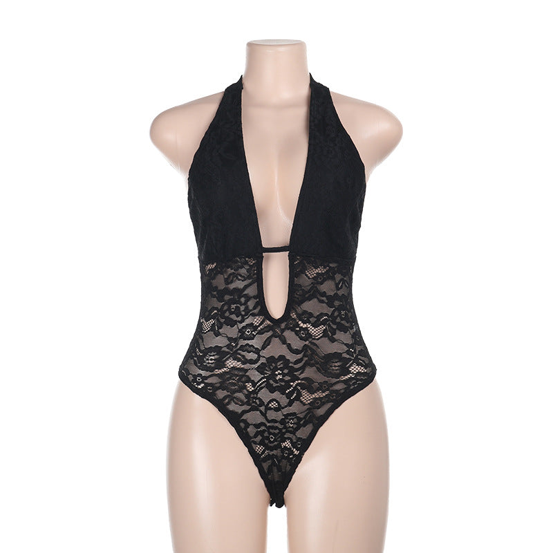 Lace Halterneck Jumpsuit with Plunging V-Neck and Cut-Out
