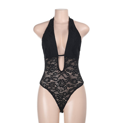 Lace Halterneck Jumpsuit with Plunging V-Neck and Cut-Out