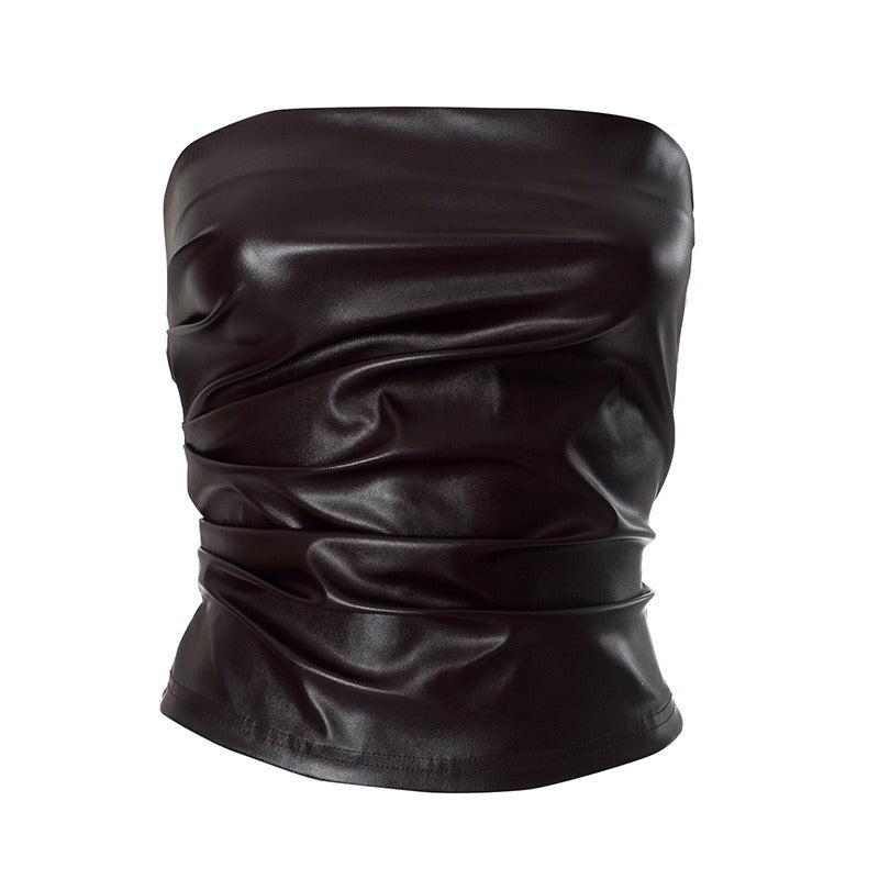 Faux Leather Strapless Tube Top with Pleated Front