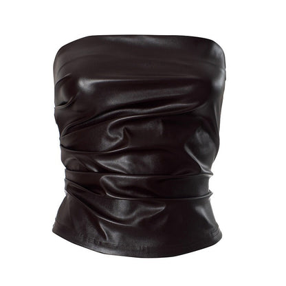 Faux Leather Strapless Tube Top with Pleated Front