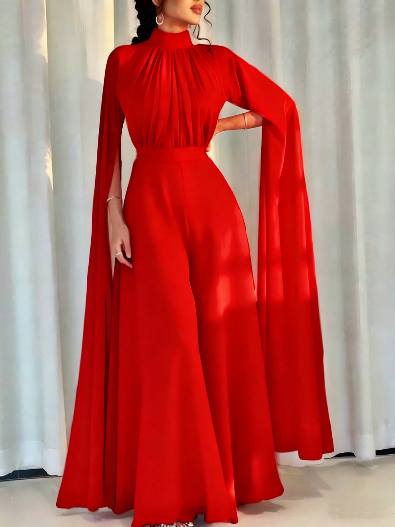 Pleated Wide Leg Jumpsuit with High Neck and Cape Sleeves