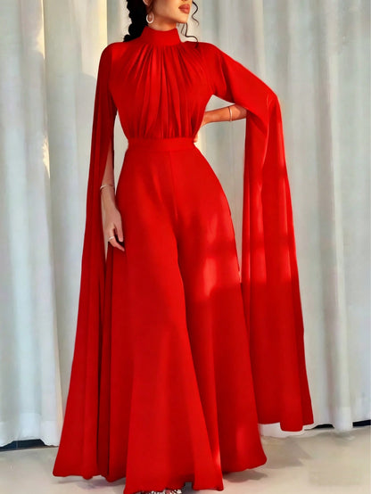 Pleated Wide Leg Jumpsuit with High Neck and Cape Sleeves