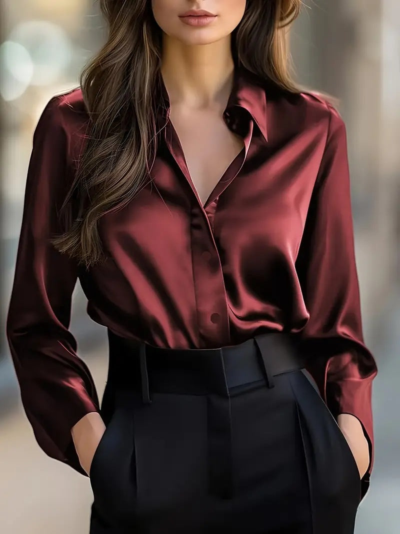 Satin Finish Button-Down Shirt with V-Neck and Long Sleeves