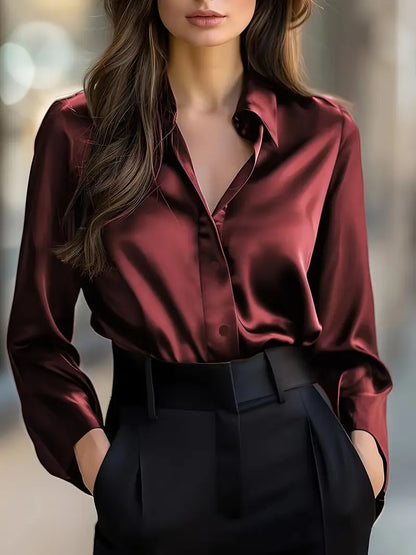 Satin Finish Button-Down Shirt with V-Neck and Long Sleeves