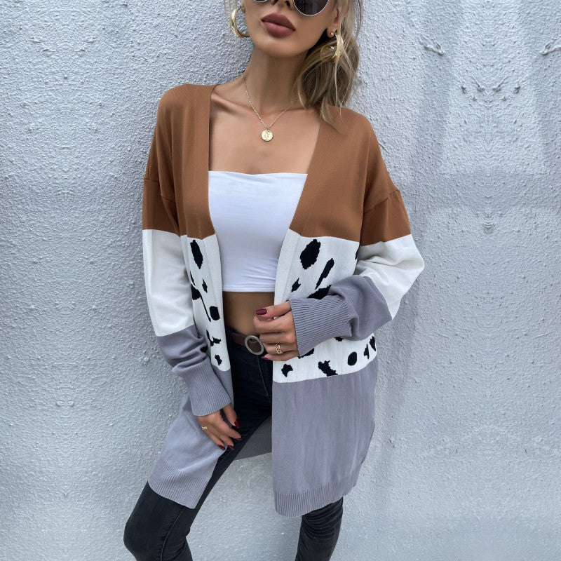 Longline Color-Block Cardigan with Leopard Print Patchwork