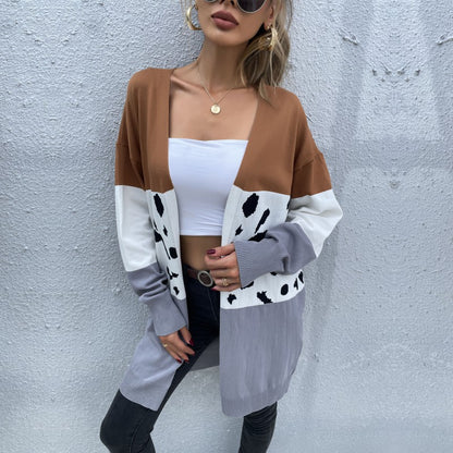 Longline Color-Block Cardigan with Leopard Print Patchwork
