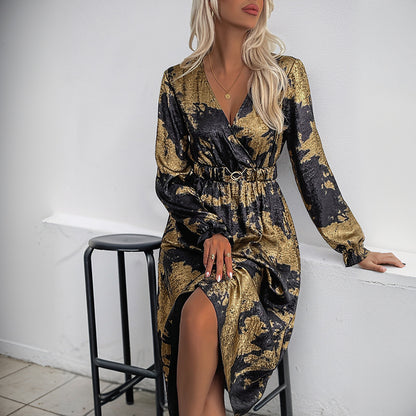 Abstract Gold Foil A-Line Midi Dress with V-Neck and Long Sleeves