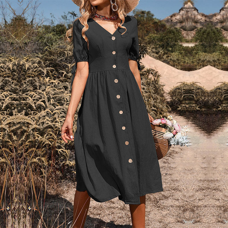 Solid Color A-Line Midi Dress with V-Neck, Button Front, and Tie Sleeves