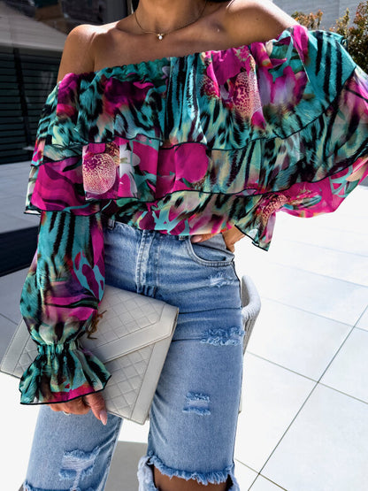 Floral Print Off-Shoulder Blouse with Ruffled Long Sleeves
