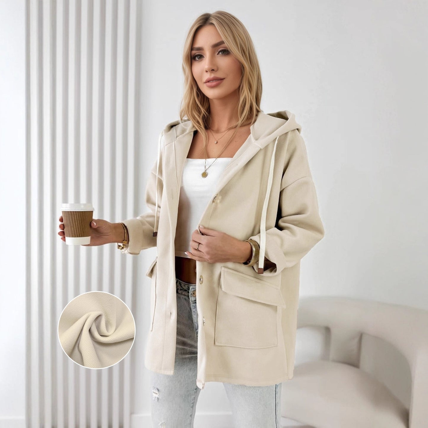 Solid Hooded Shacket with Flap Pockets and Drawstring