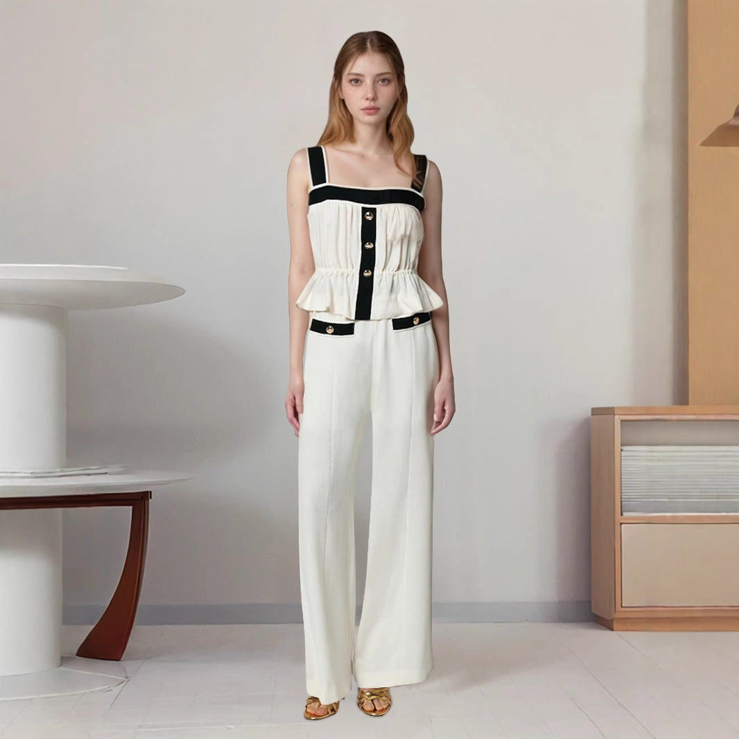 Contrast Trim Peplum Top & Wide-Leg Trousers Set with Gold Buttons