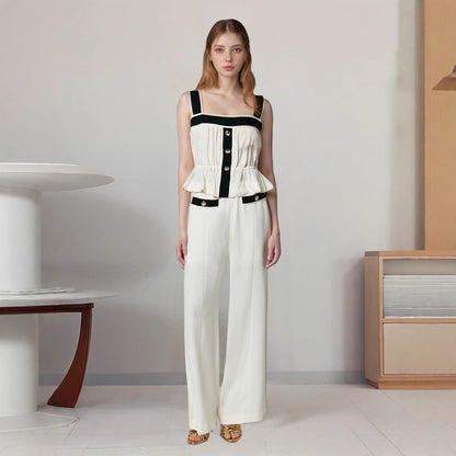 Contrast Trim Peplum Top & Wide-Leg Trousers Set with Gold Buttons