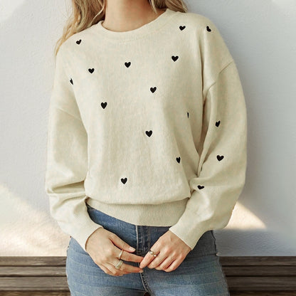 Heart Pattern Knit Pullover with Round Neck
