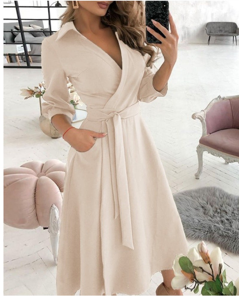 Printed Wrap Midi Dress with Shirt Collar and 3/4 Sleeves