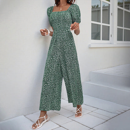 Floral Wide-Leg Jumpsuit with Square Neck and Puff Sleeves