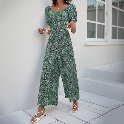 Smocked Floral Jumpsuit with Square Neck and Wide Legs