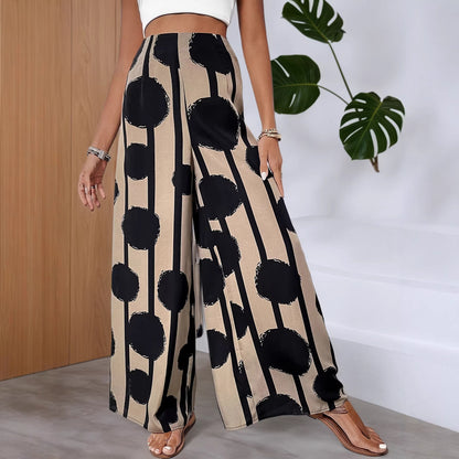 High-Waist Wide-Leg Pants in Circle and Stripe Print