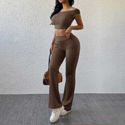Solid Ribbed Pants Set with Off-Shoulder Crop Top