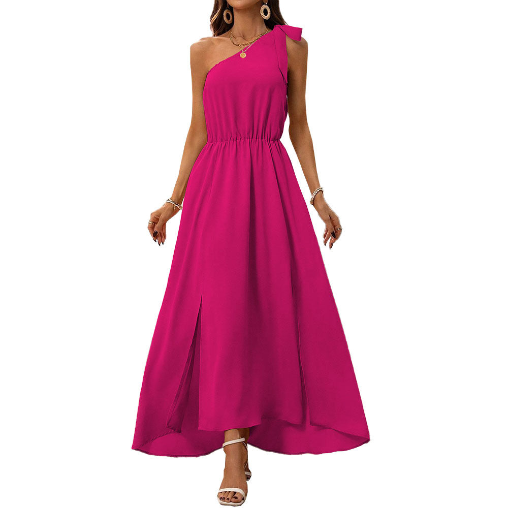 One-Shoulder A-Line Maxi Dress with Tie Detail and Side Split