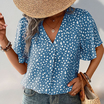 Leopard Print V-Neck Blouse with Short Sleeves