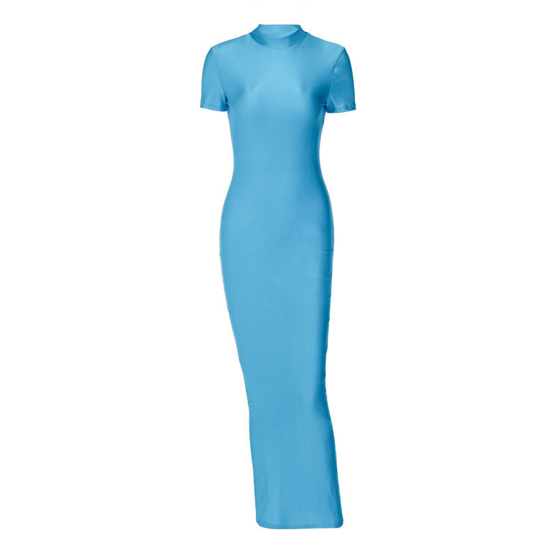 Bodycon Maxi Dress with Mock Neck and Short Sleeves