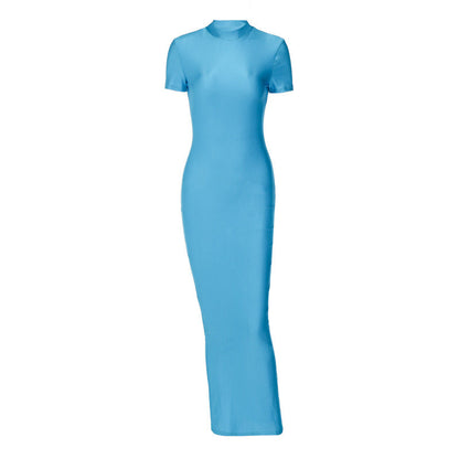 Bodycon Maxi Dress with Mock Neck and Short Sleeves