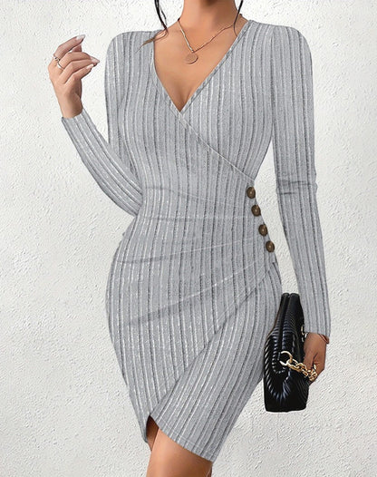 Ribbed Wrap Dress with V-Neck and Side Buttons
