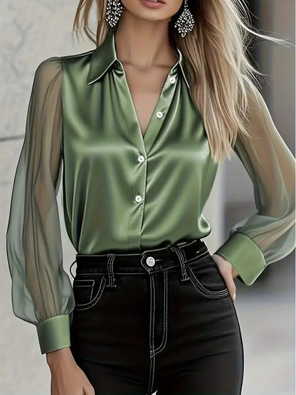 Solid Satin Blouse with Sheer Puff Sleeves and Lapel Collar