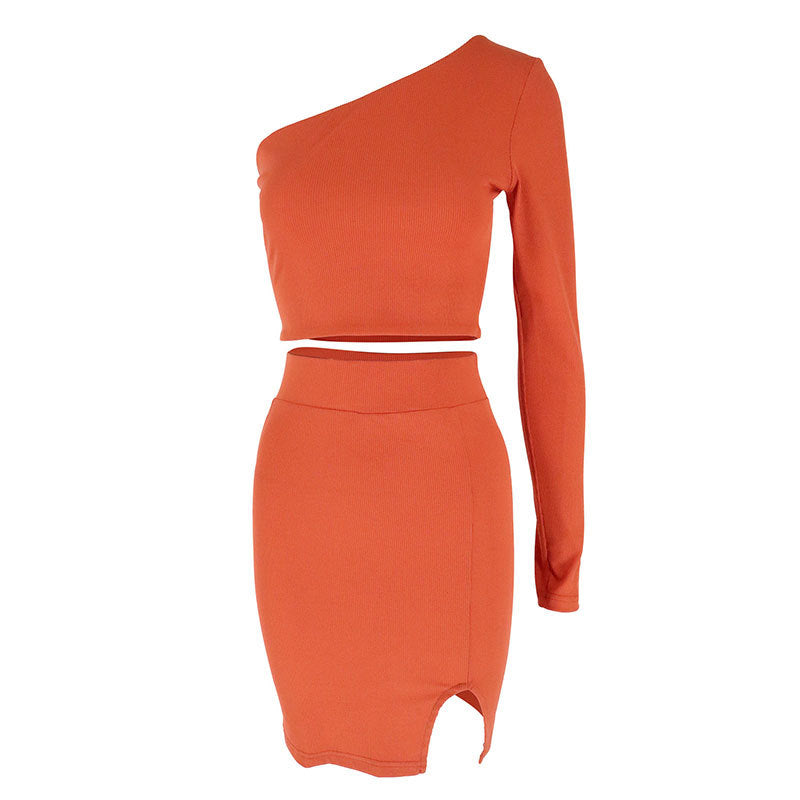 Ribbed Knit Skirt Set with One-Shoulder Crop Top and Front Slit