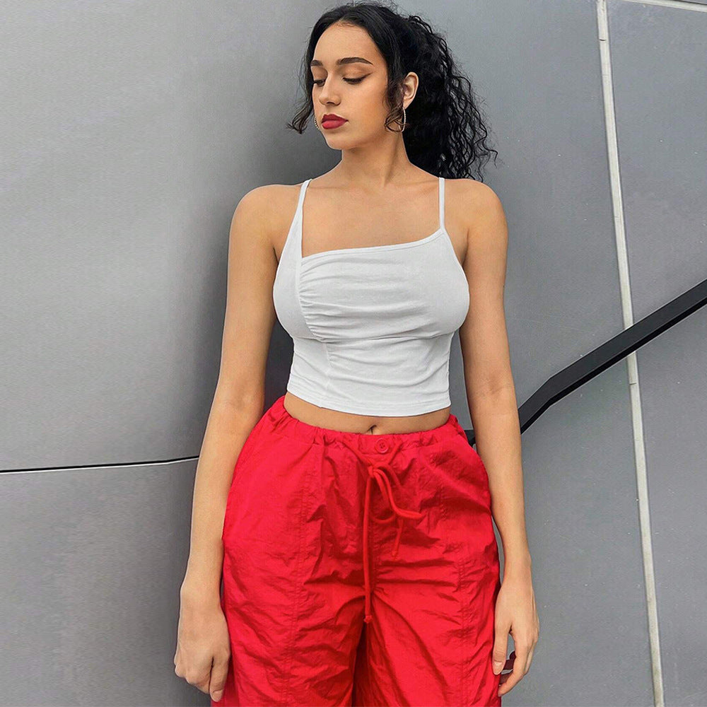 Slim Fit Ruched Crop Top with Asymmetrical Neckline