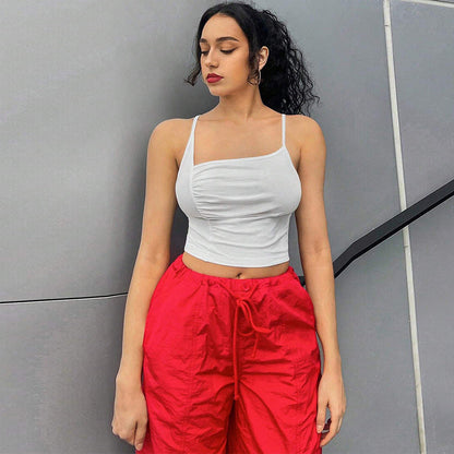 Slim Fit Ruched Crop Top with Asymmetrical Neckline